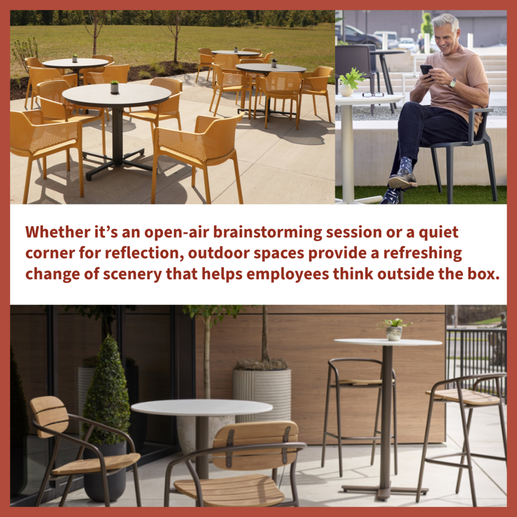 A combination of outdoor seating arrangements, including standard-height and bar-height tables, set against a landscaped backdrop. Employees are seen using the space for relaxation and focused work. Text reads, "Whether it’s an open-air brainstorming session or a quiet corner for reflection, outdoor spaces provide a refreshing change of scenery that helps employees think outside the box."